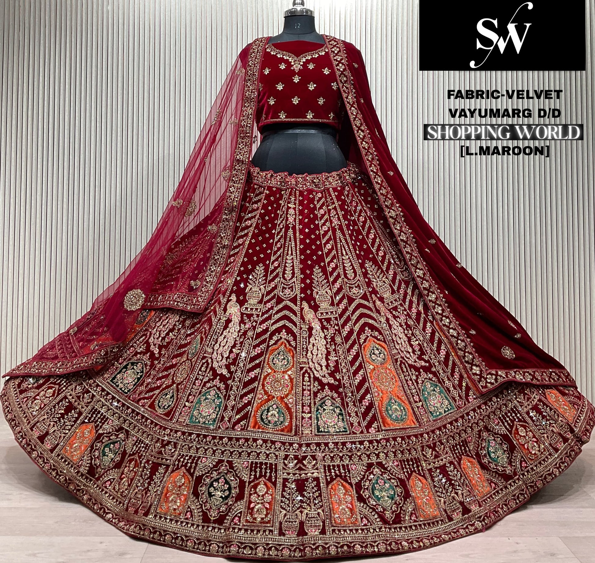 Light maroon peacock Velvet Bridal Lehenga - Shopping World