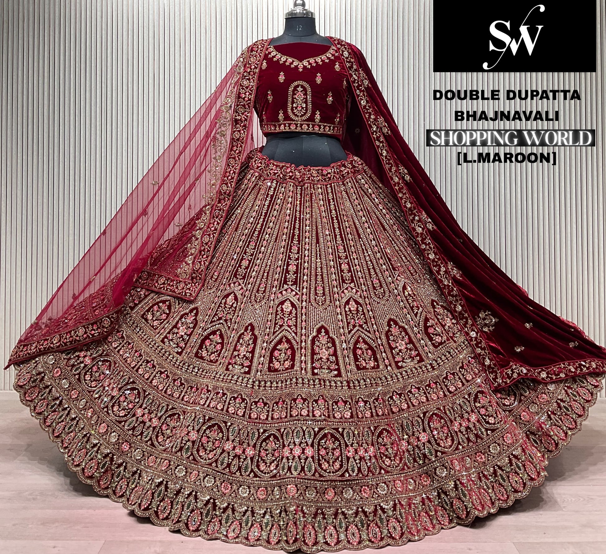 Light Maroon Double Dupatta Bridal Lehenga - Shopping World