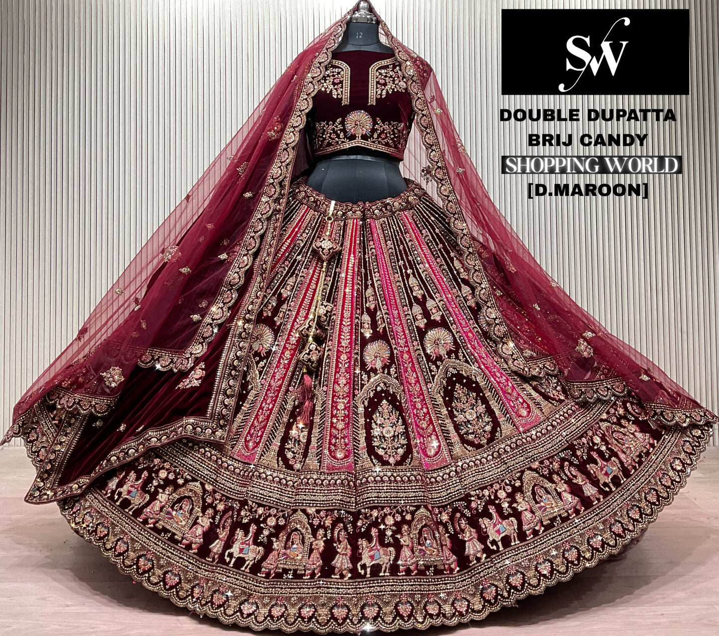 Dark Maroon Peacock Double Dupatta Bridal Lehenga - Shopping World