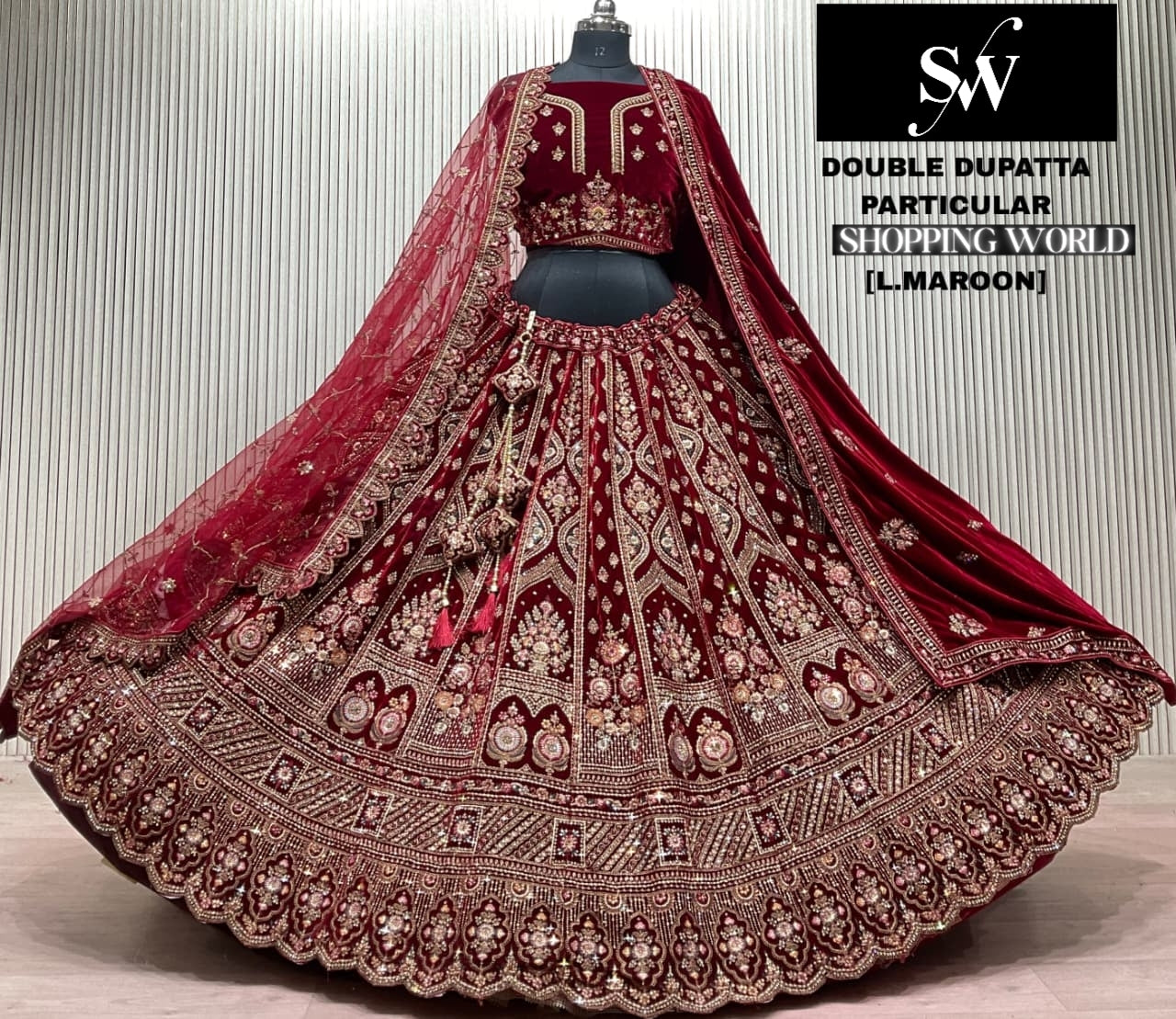 Light Maroon Double Dupatta Bridal Lehenga - Shopping World