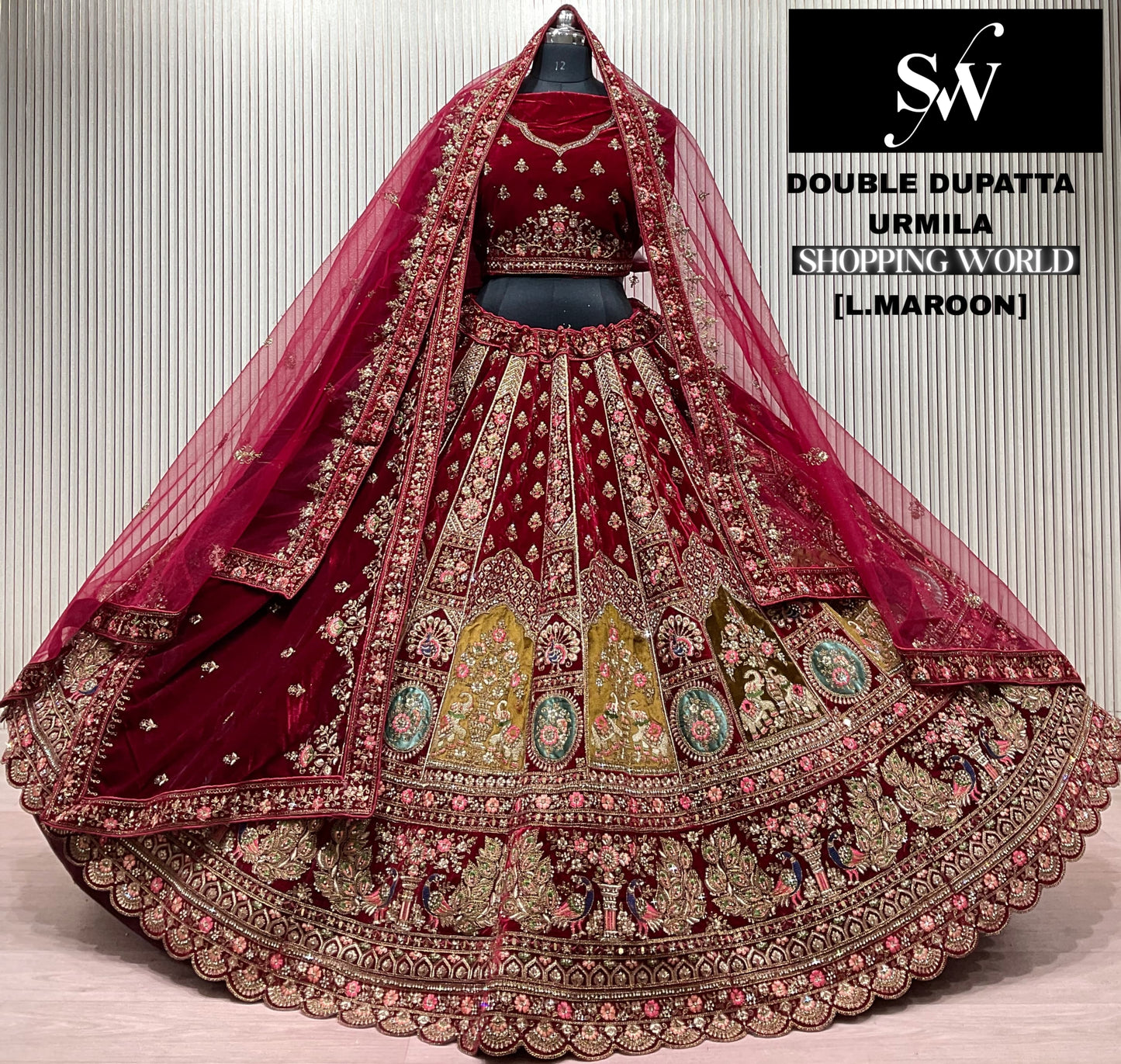 Light Maroon Double Dupatta Bridal Lehenga - Shopping World