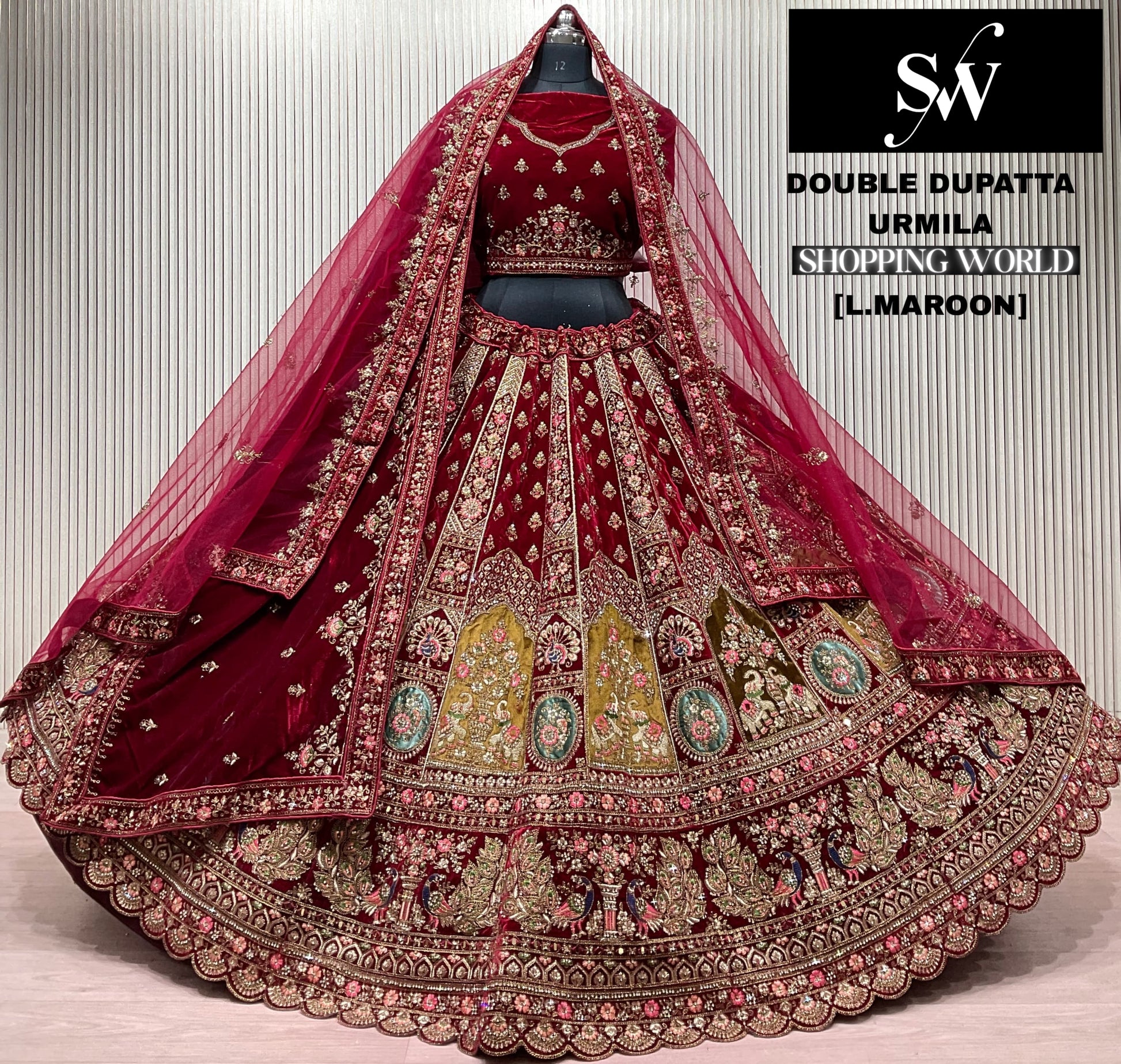 Light Maroon Double Dupatta Bridal Lehenga - Shopping World