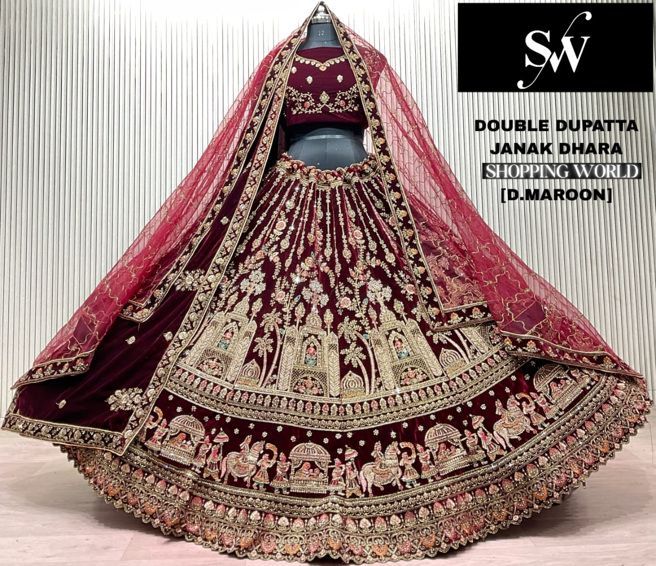 Dark Maroon Doli Barat Double Dupatta Bridal Lehenga - Shopping World
