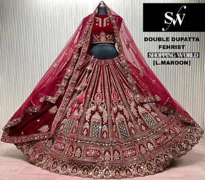 Dark maroon Double Dupatta Peacock Bridal Lehenga - Shopping World