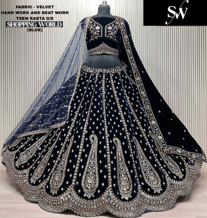 Blue Velvet Peacock Bridal Lehenga