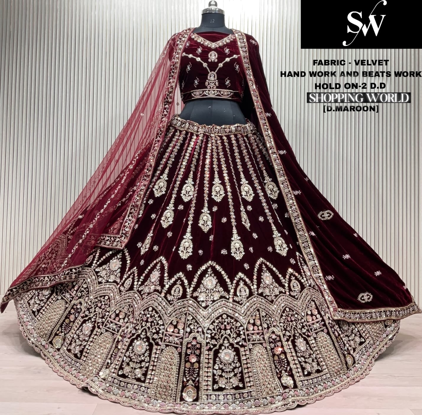 Dark Maroon Velvet Bridal Lehenga