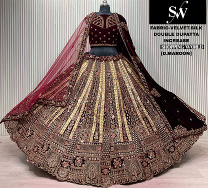Light Maroon Velvet Silk Double Dupatta Bridal Lehenga
