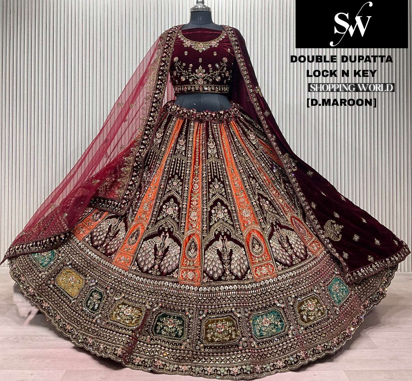 Dark Maroon Peacock Double Dupatta Bridal Lehenga