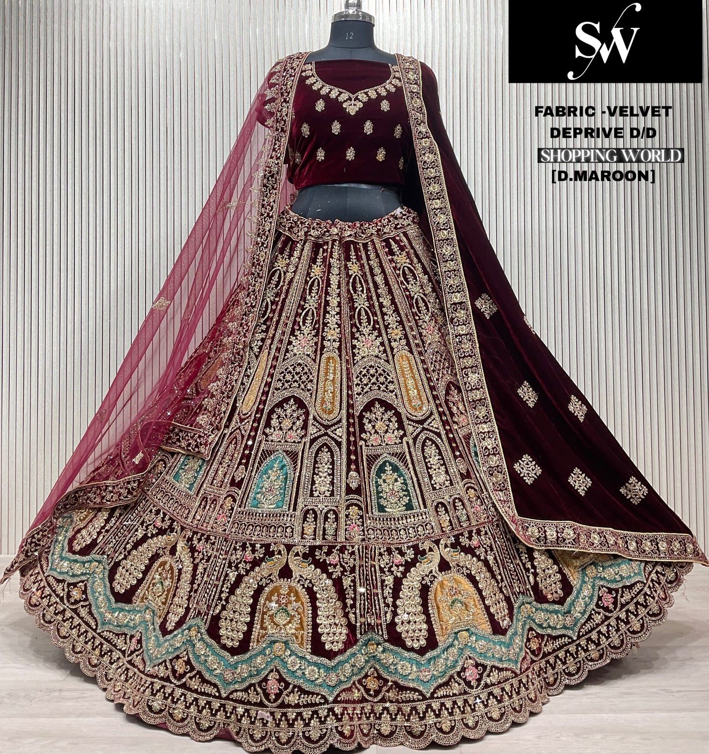 Dark Maroon Peacock Velvet Bridal Lehenga