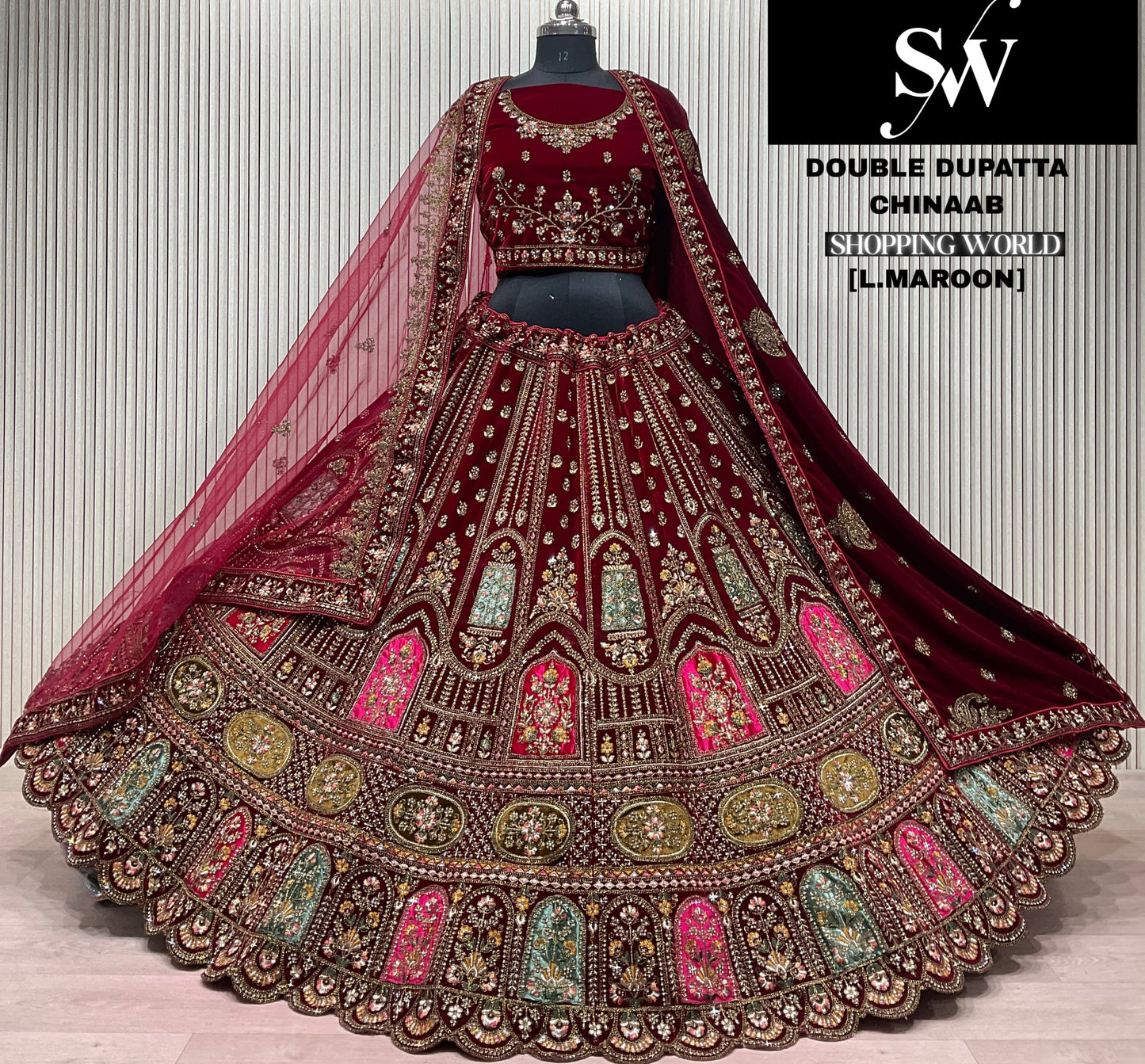 Light Maroon Double Dupatta Bridal Lehenga