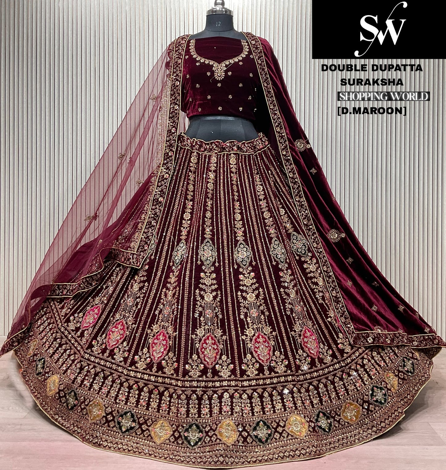 Dark Maroon Double Dupatta Bridal Lehenga