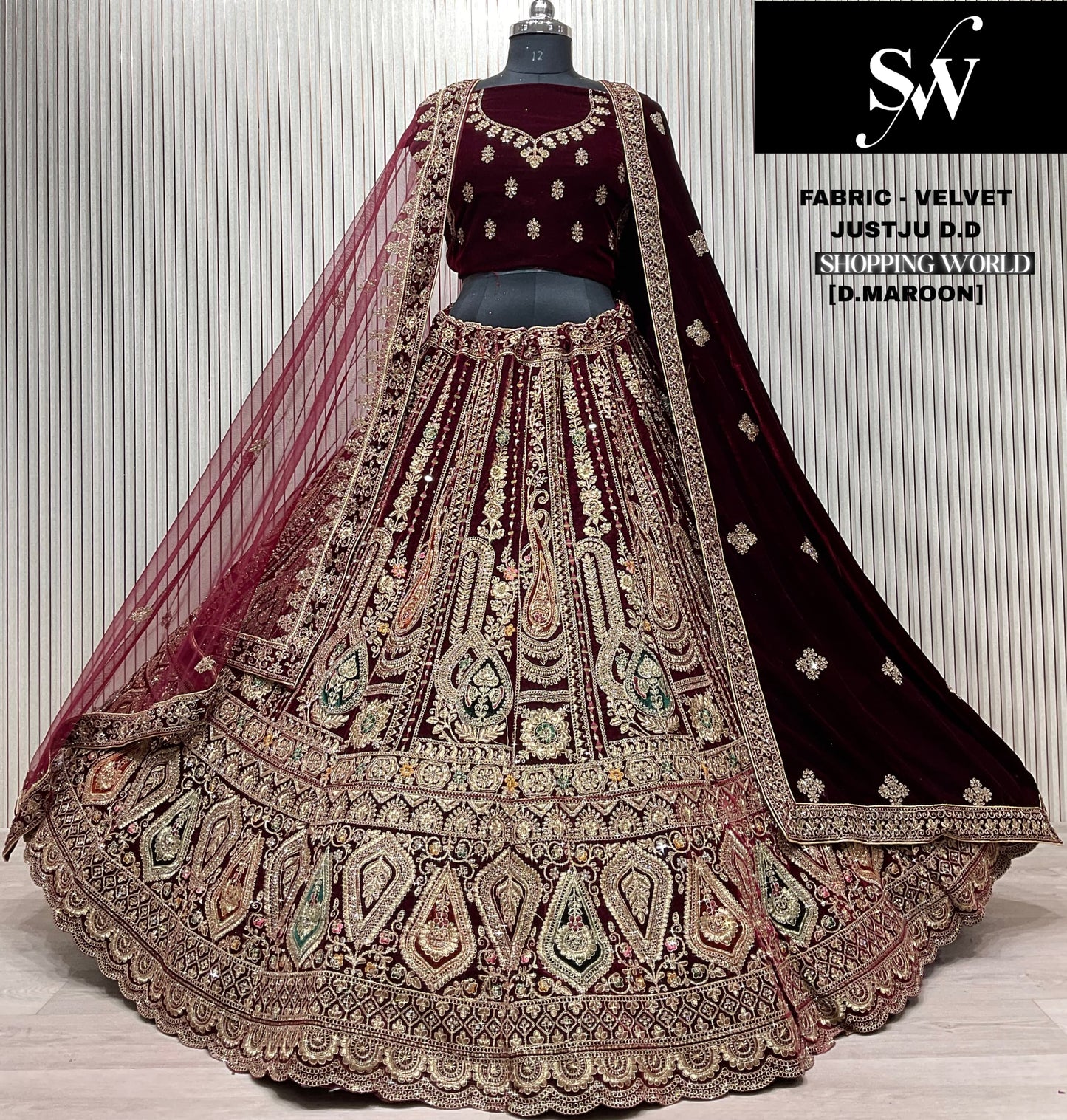 Dark Maroon Velvet Bridal Lehenga