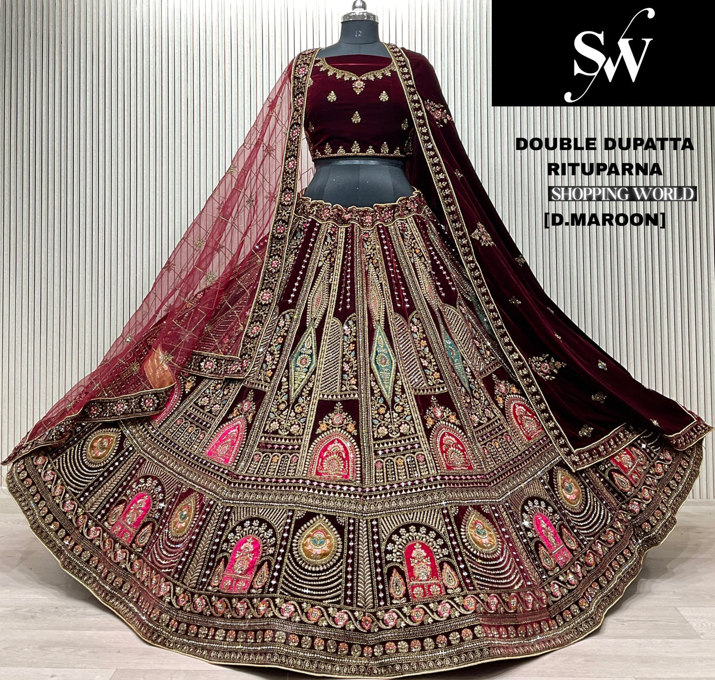 Dark Maroon Double Dupatta Bridal Lehenga