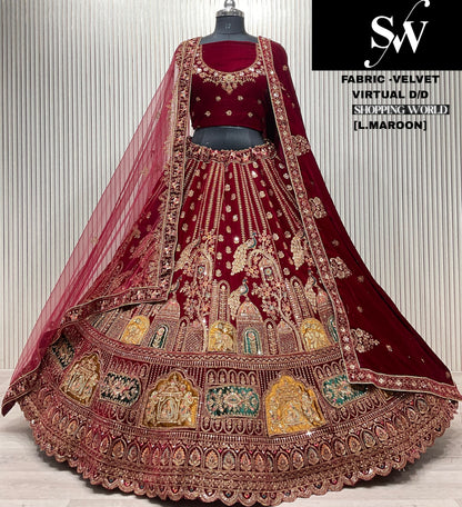 Dark Maroon Peacock Velvet Bridal Lehenga