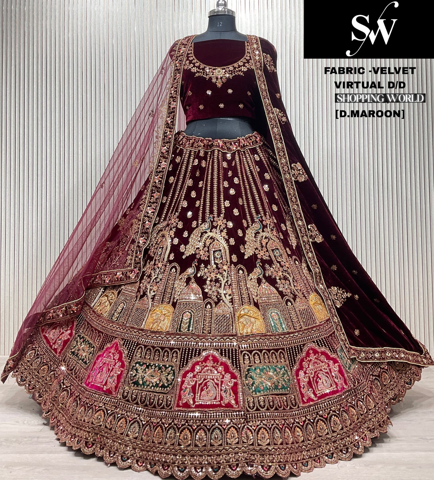 Dark Maroon Peacock Velvet Bridal Lehenga