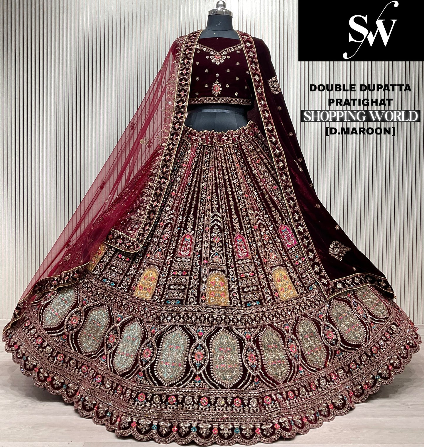 Dark Maroon Double Dupatta Bridal Lehenga