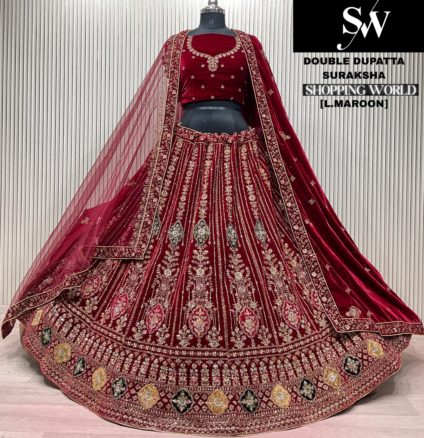 Light Maroon Double Dupatta Bridal Lehenga