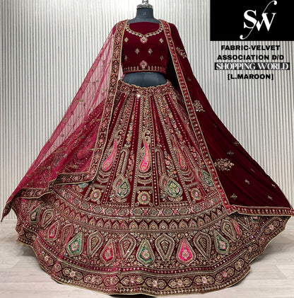 Dark Maroon Velvet Bridal Lehenga