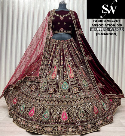 Dark Maroon Velvet Bridal Lehenga