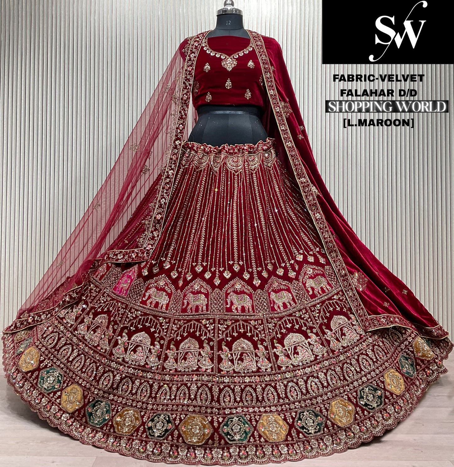 Light Maroon Velvet Bridal Lehenga