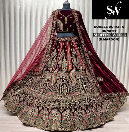 Light Maroon Double Dupatta Peacock Bridal Lehenga