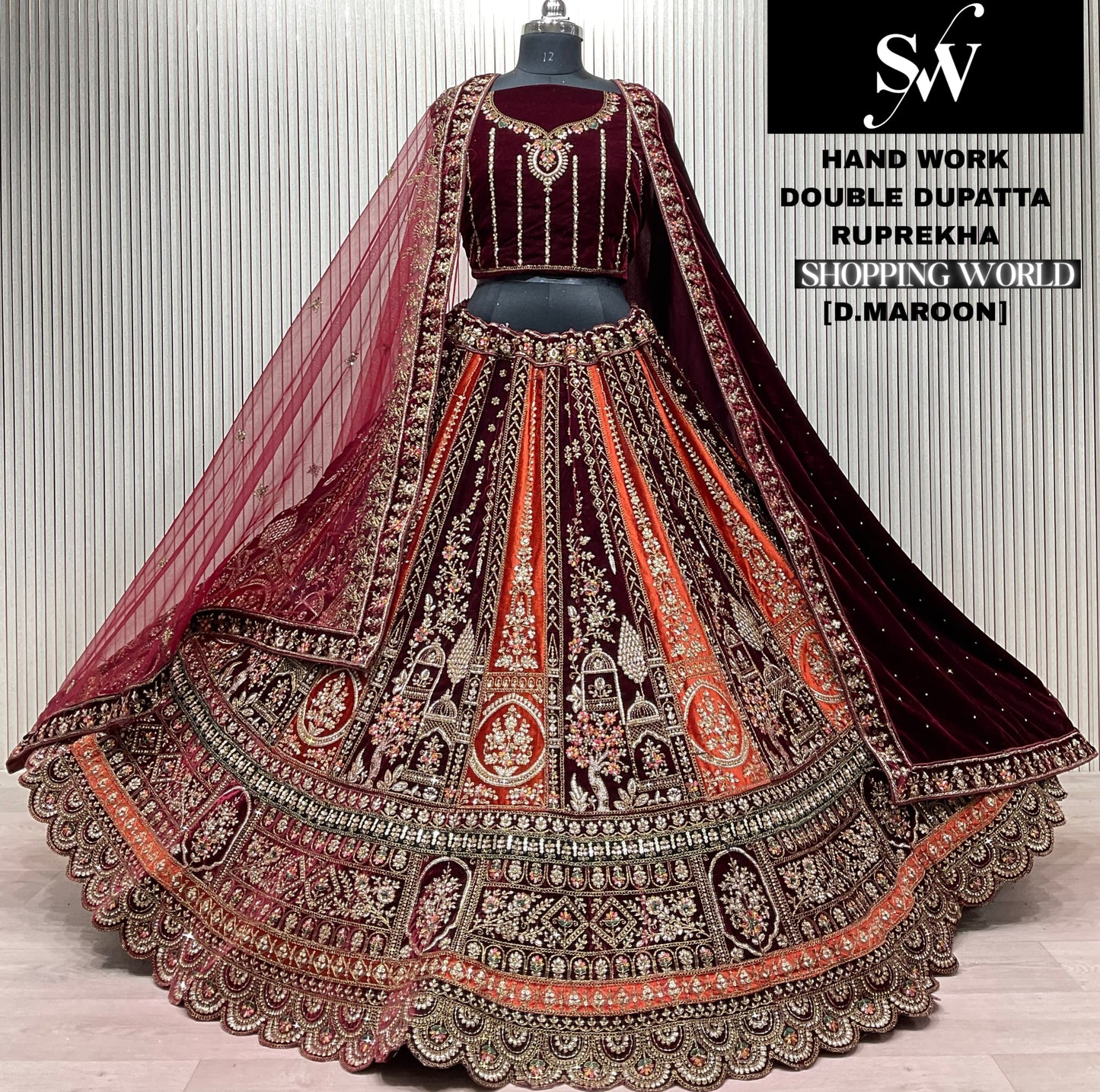 Dark Maroon Double Dupatta Peacock Handwork Bridal Lehenga