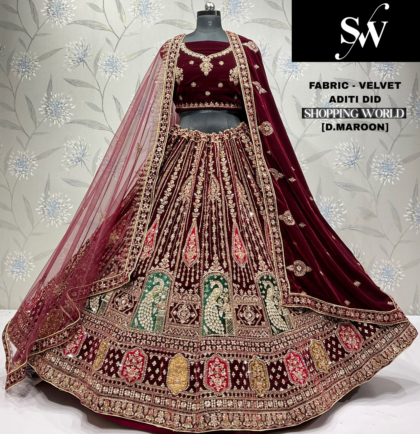 Light Maroon Peacock Velvet Bridal Lehenga