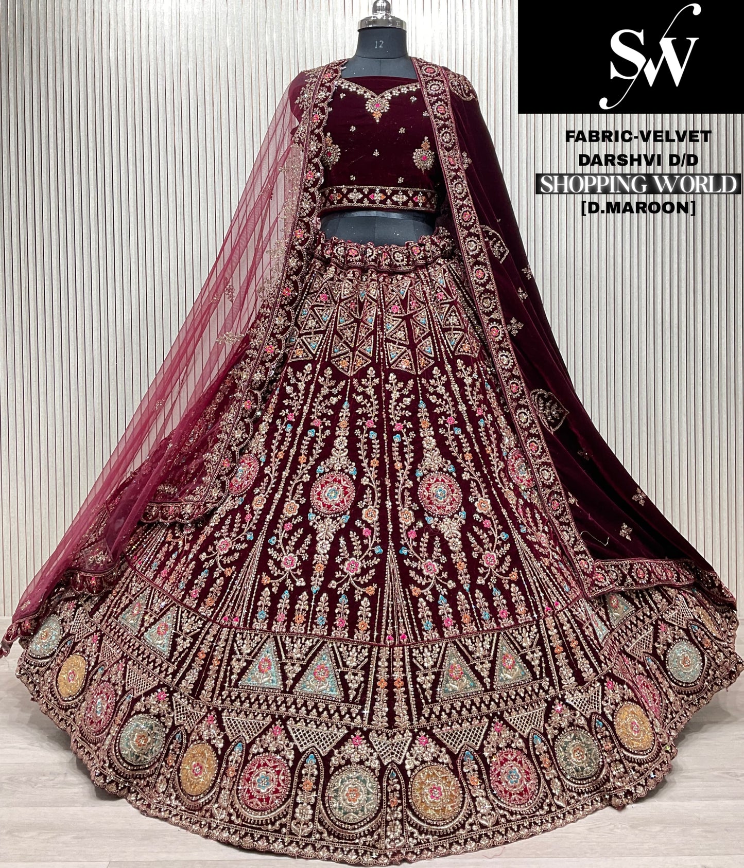 Dark Maroon Velvet Bridal Lehenga