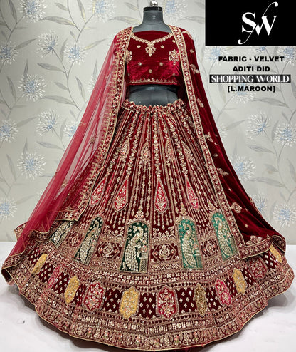 Light Maroon Peacock Velvet Bridal Lehenga
