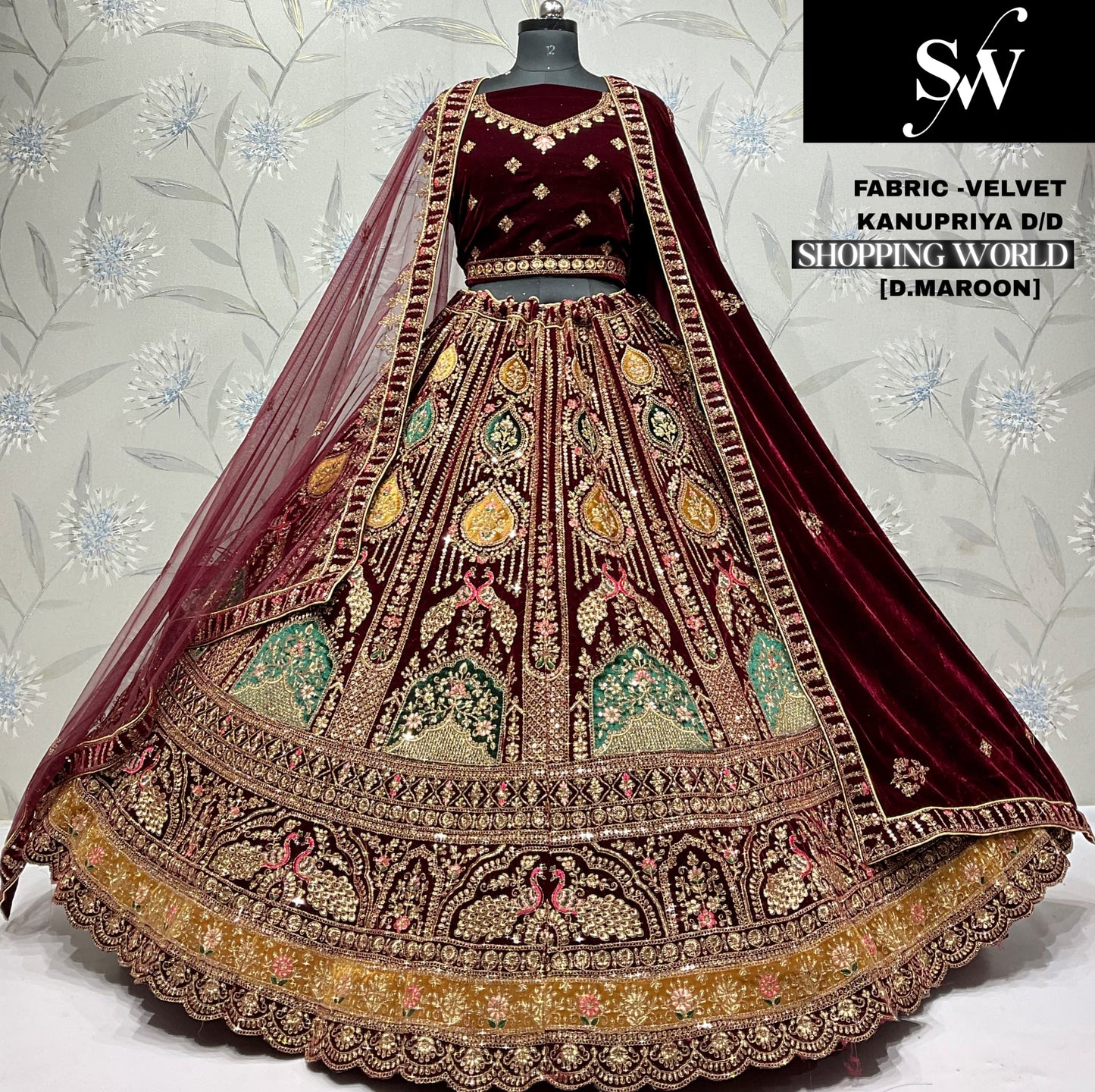 Light Maroon Velvet Peacock Bridal Lehenga