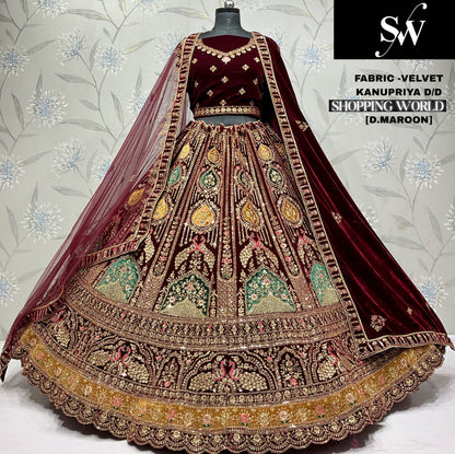 Light Maroon Velvet Peacock Bridal Lehenga