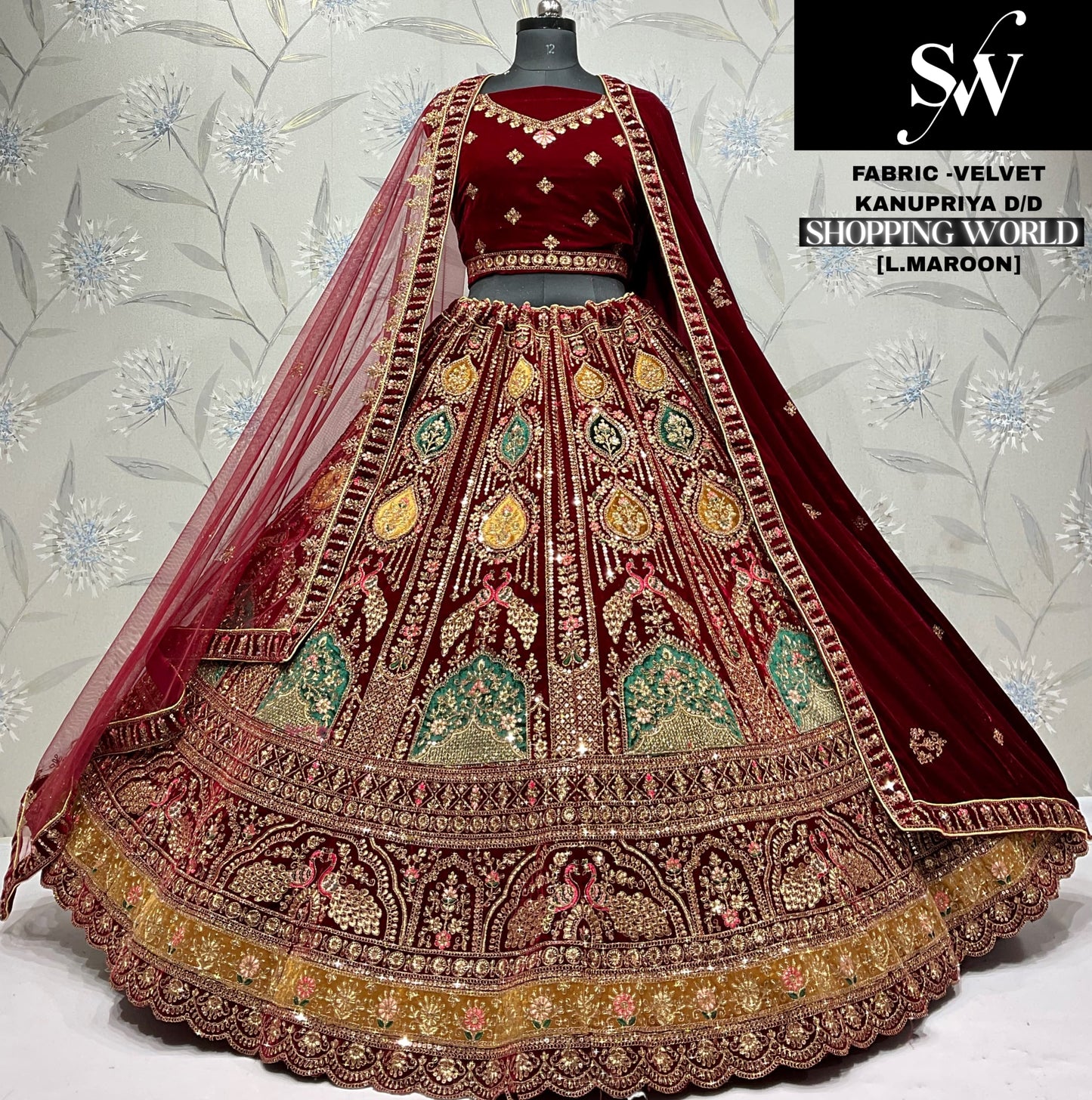 Light Maroon Velvet Peacock Bridal Lehenga