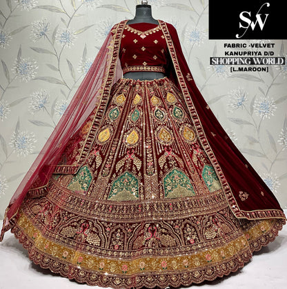 Light Maroon Velvet Peacock Bridal Lehenga