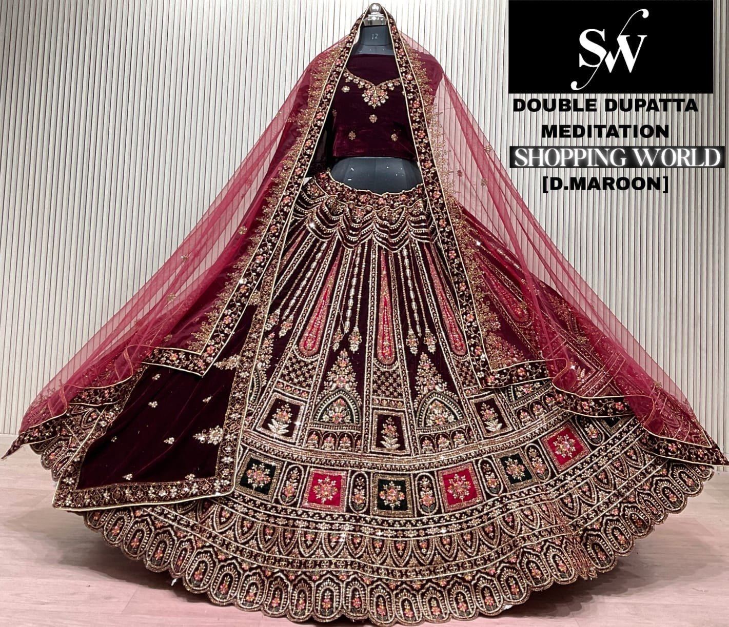 Dark Maroon Double Dupatta Bridal Lehenga