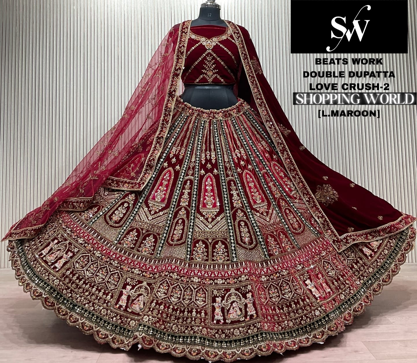 Dark Maroon Double Dupatta Bridal Lehenga