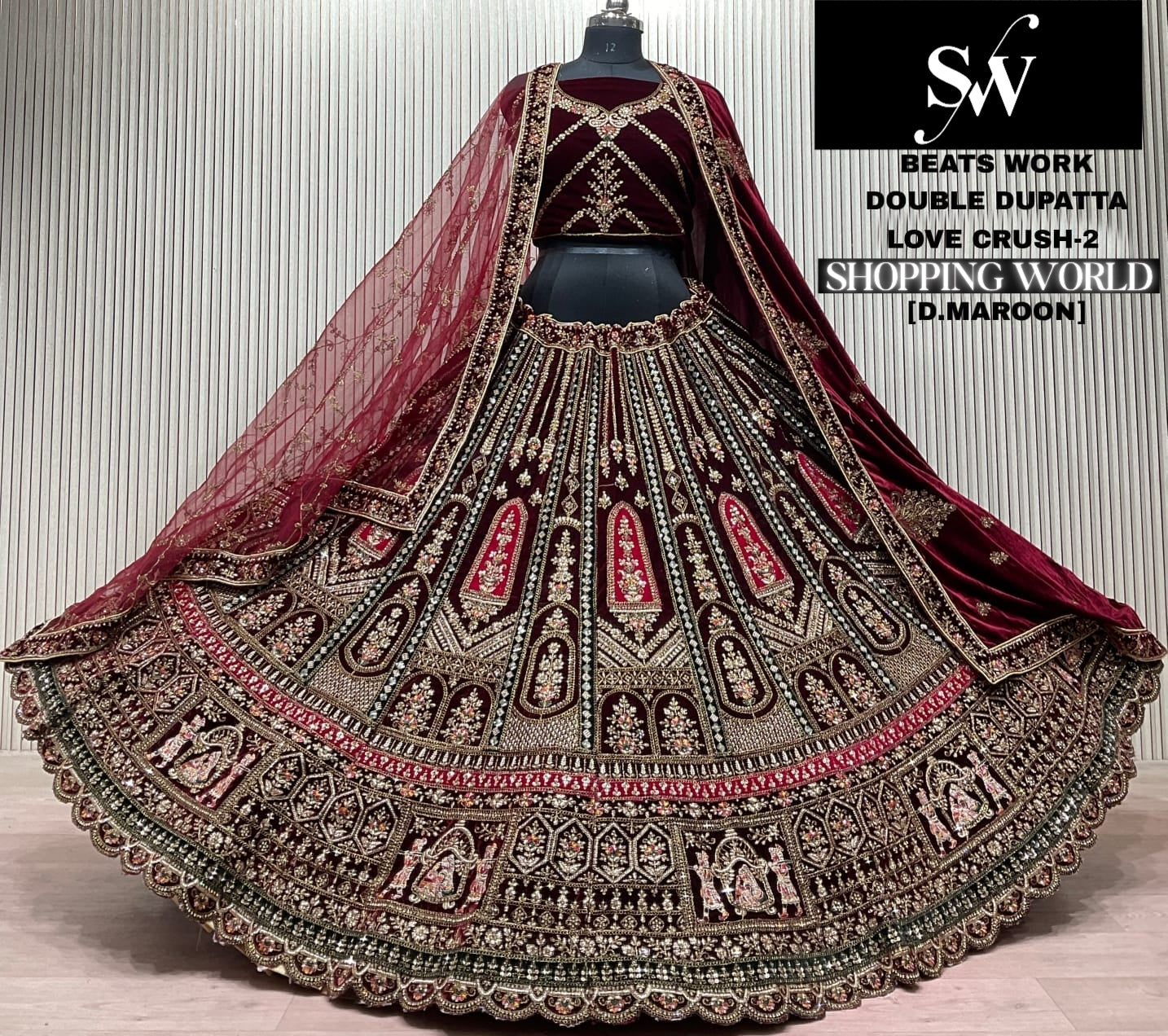 Dark Maroon Double Dupatta Bridal Lehenga