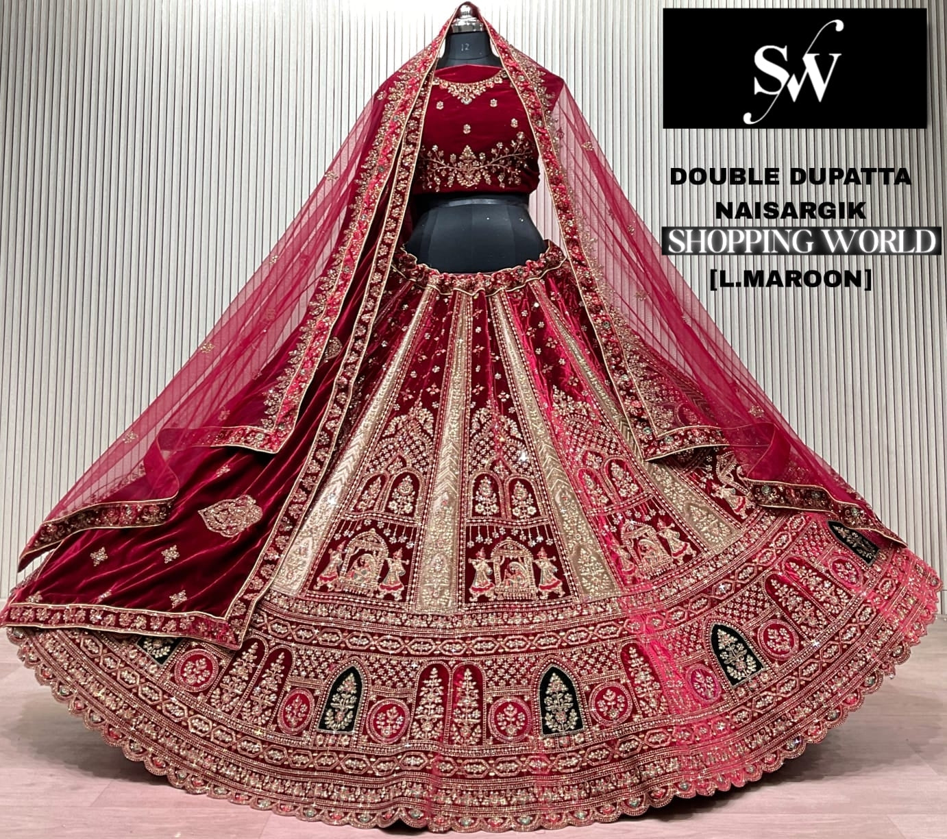 Light Maroon Double Dupatta Bridal Lehenga