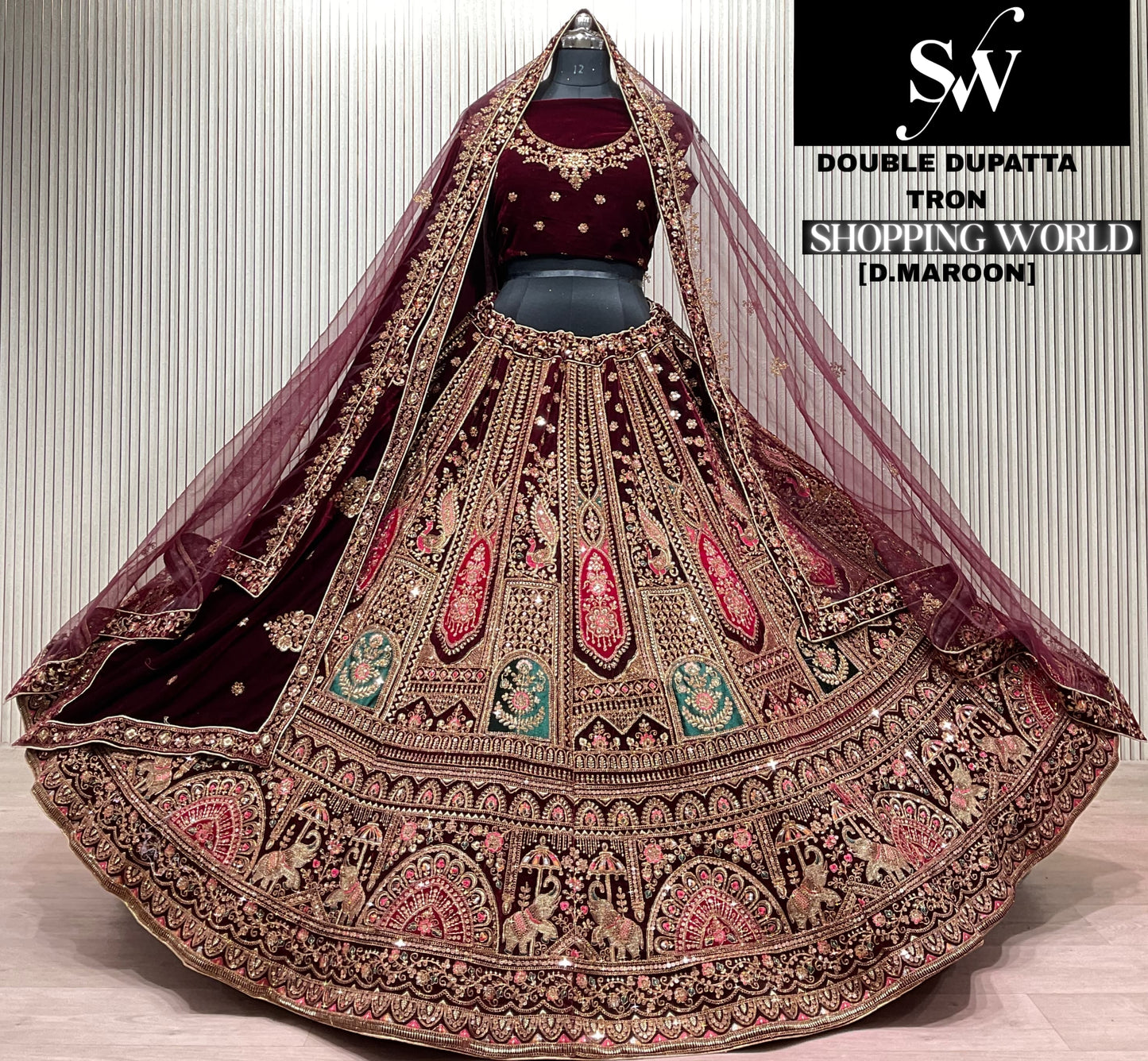 Dark Maroon Double Dupatta Peacock Bridal Lehenga