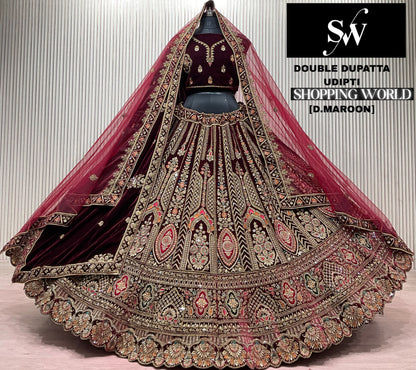 Dark Maroon Double Dupatta Bridal Lehenga