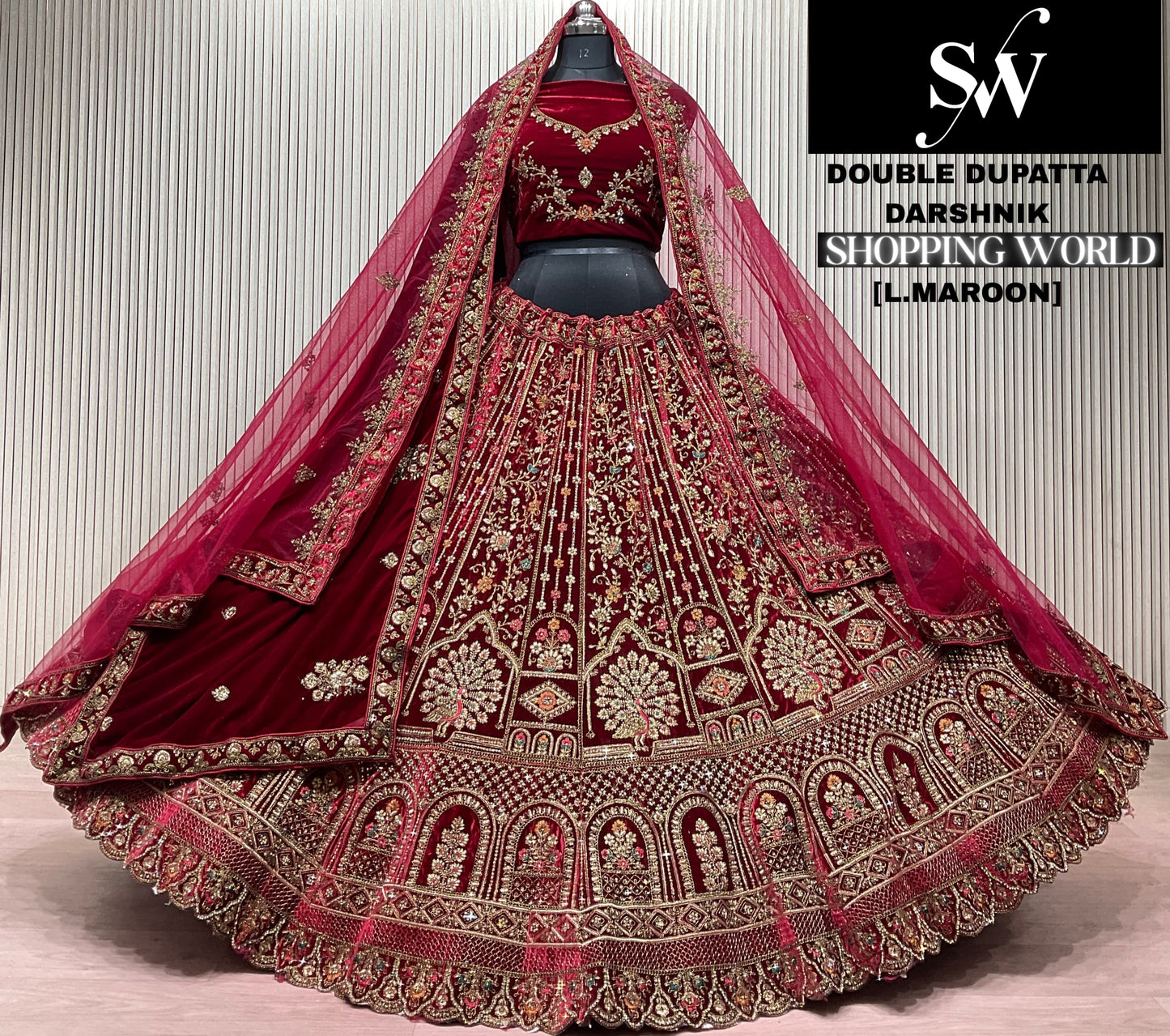 Light Maroon Double Dupatta Peacock Bridal Lehenga