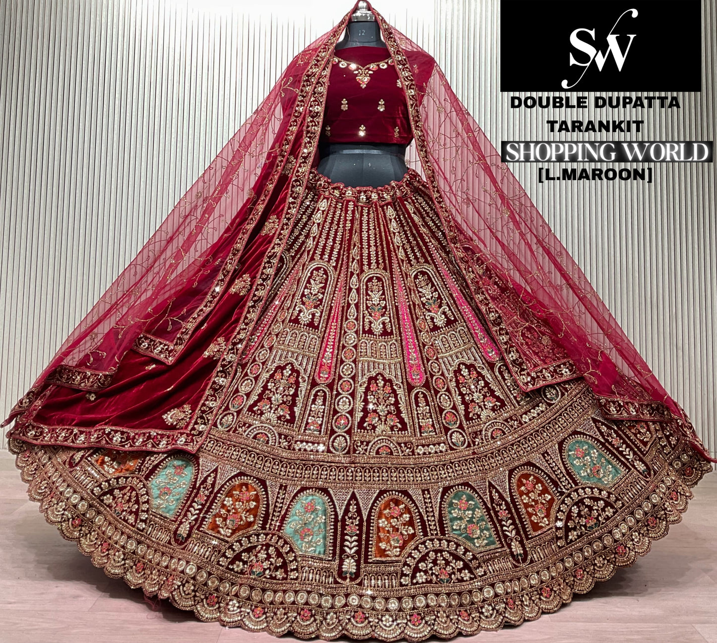 Light Maroon Double Dupatta Bridal Lehenga