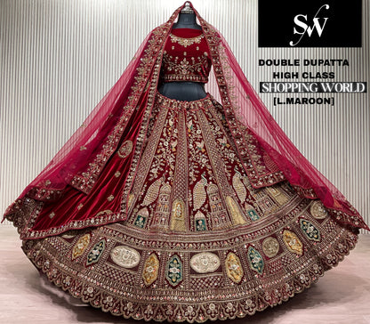 Light Maroon Double Dupatta Peacock Bridal Lehenga
