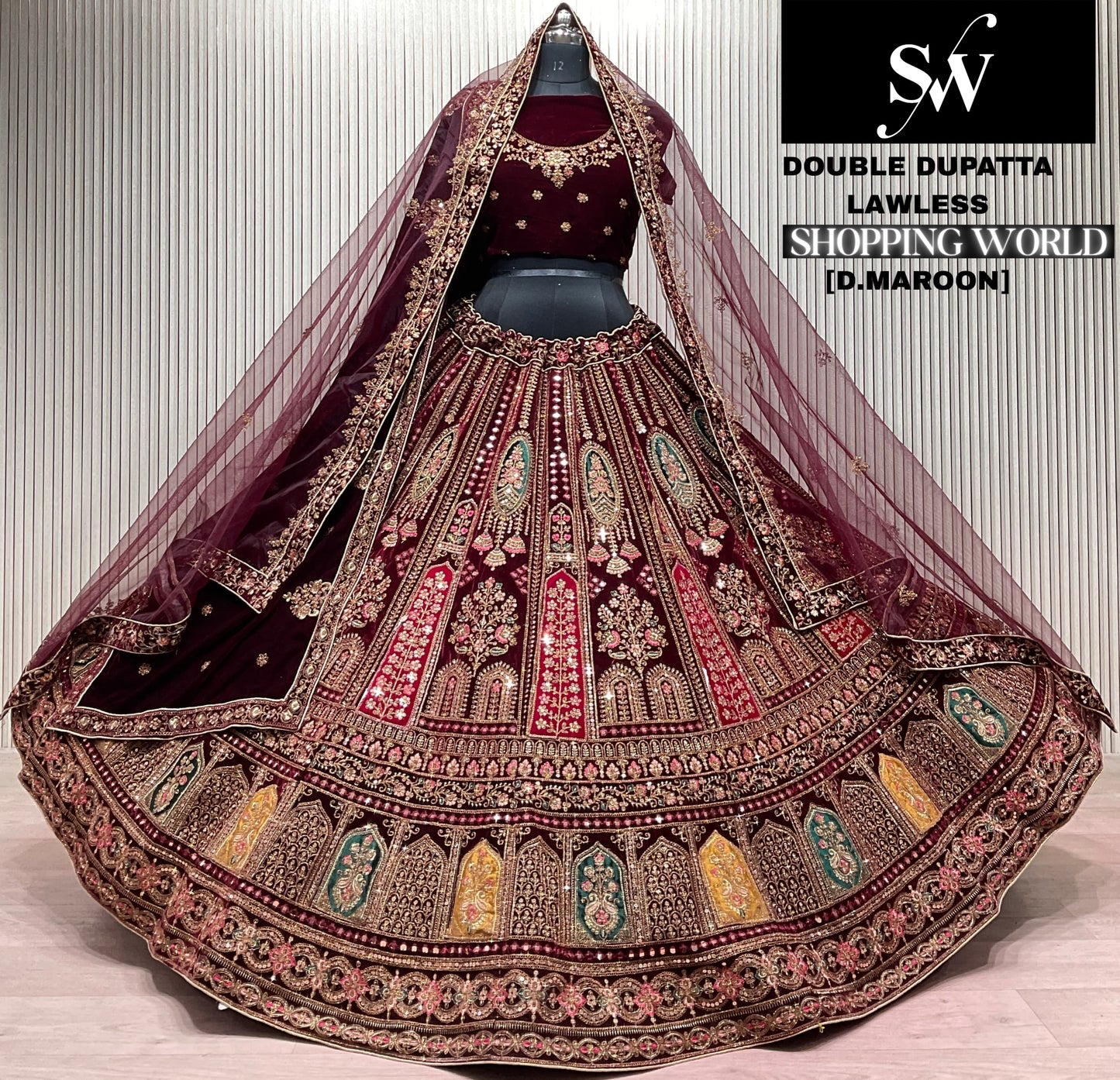 Dark Maroon Double Dupatta Bridal Lehenga