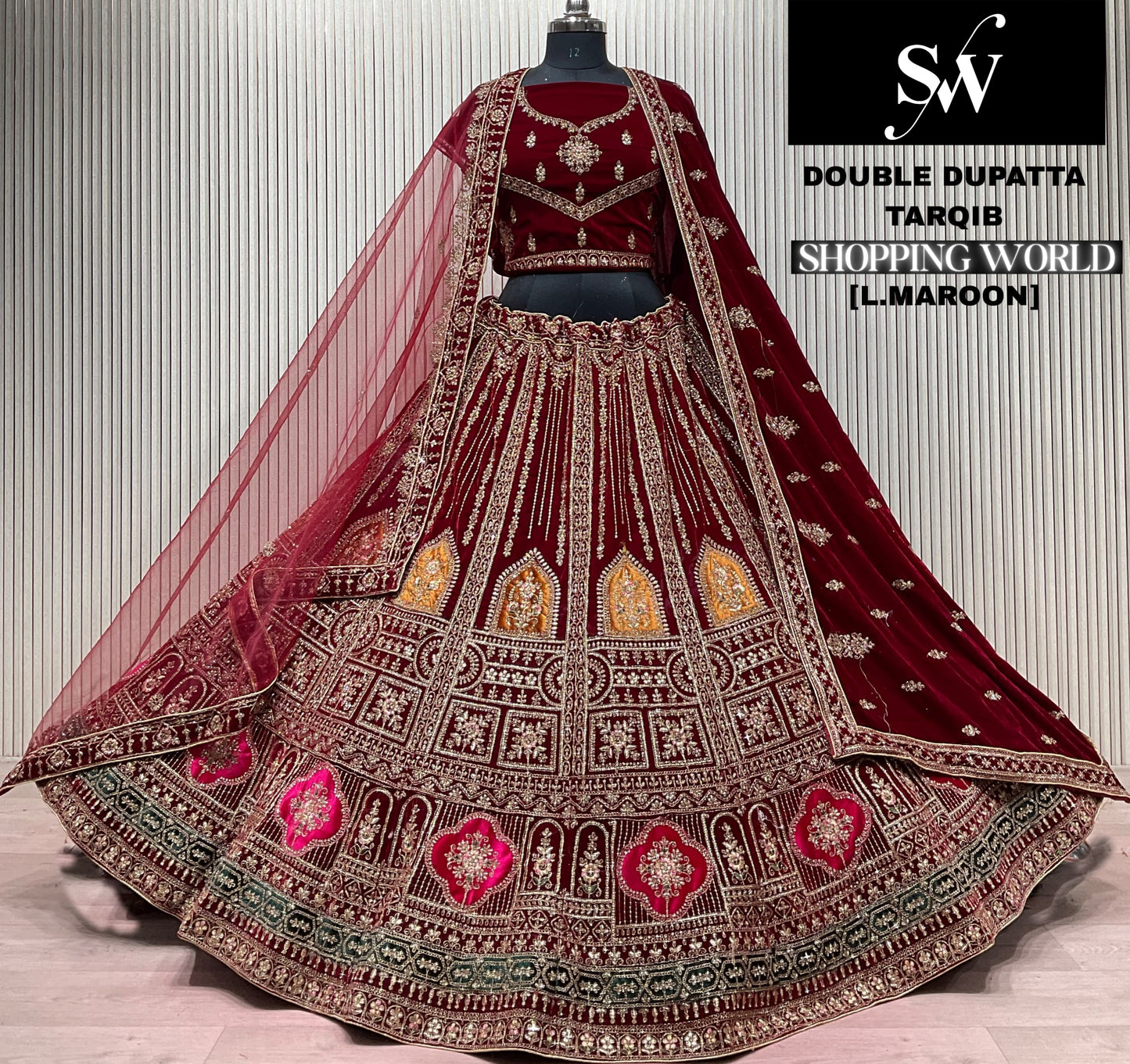 Light Maroon Double Dupatta Bridal Lehenga