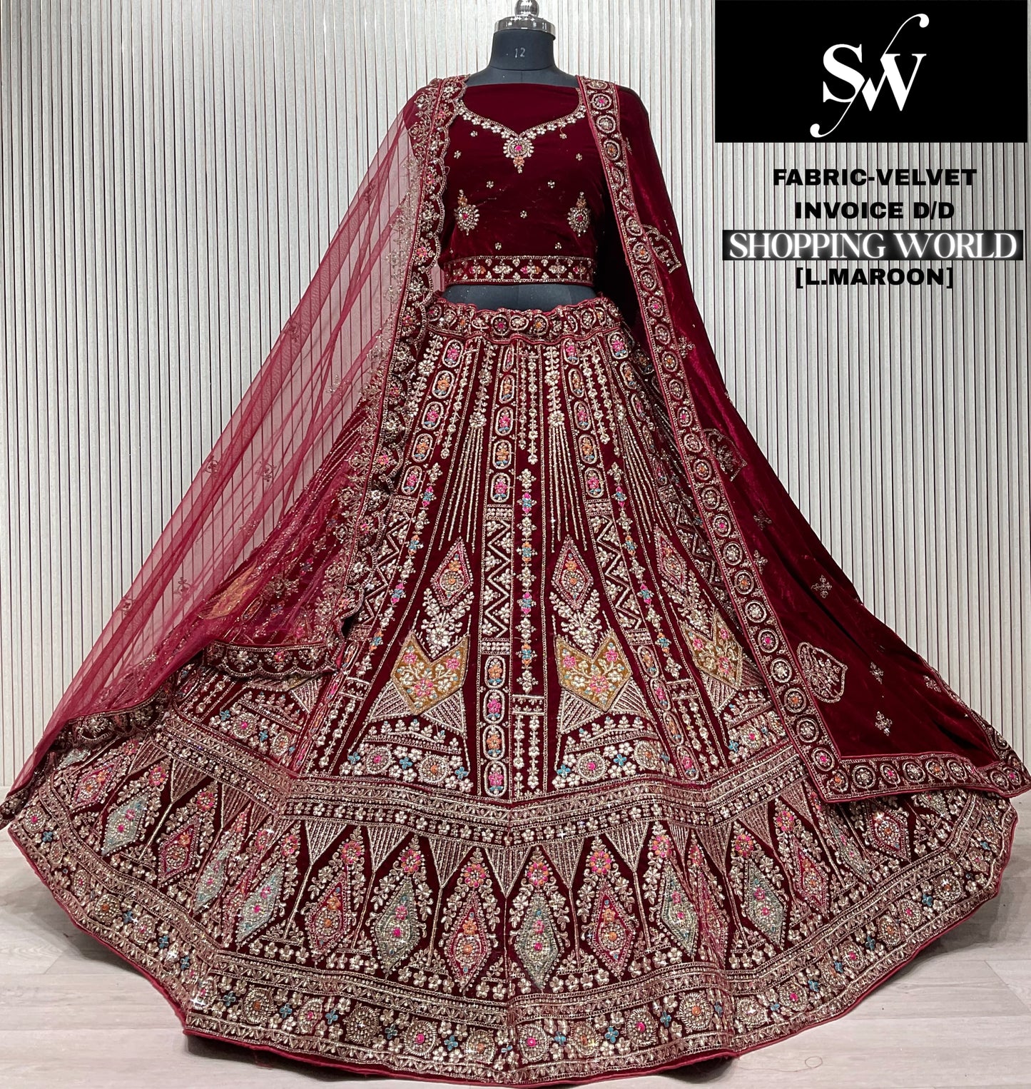 Light Maroon Velvet Bridal Lehenga