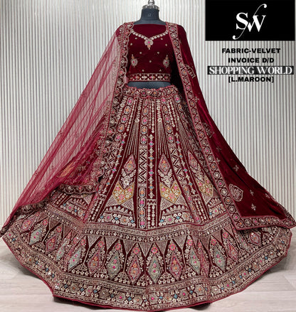Light Maroon Velvet Bridal Lehenga