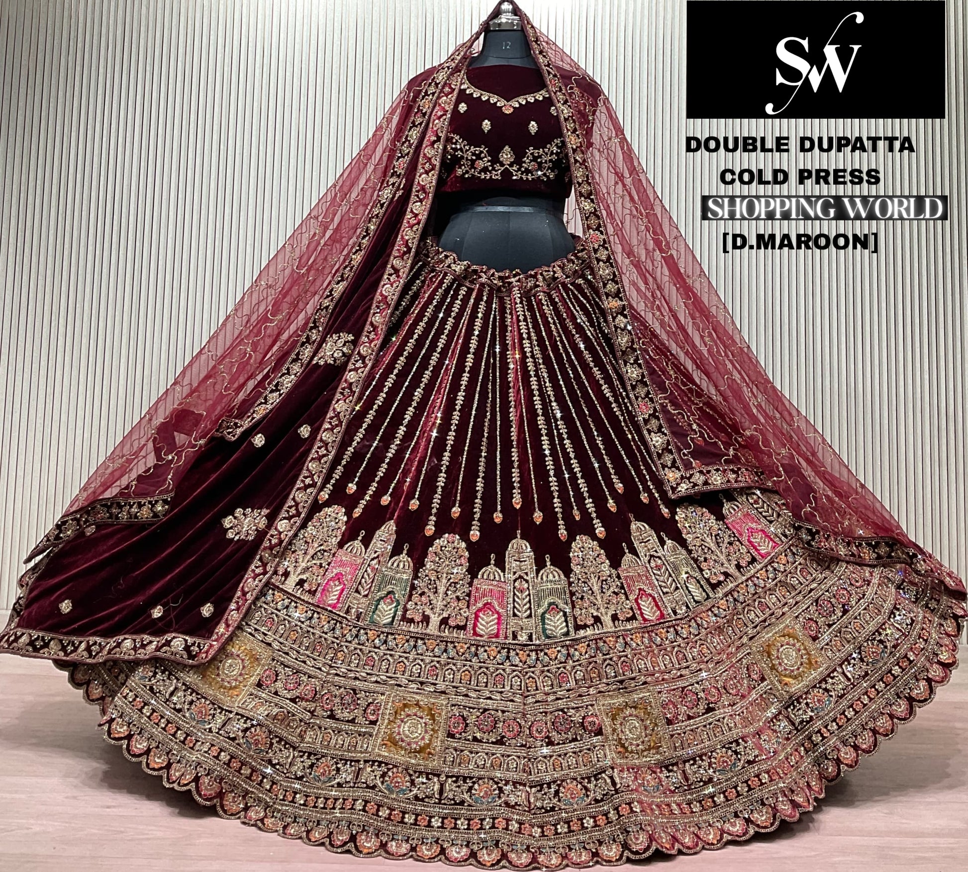 Dark Maroon Double Dupatta Bridal Lehenga - Shopping World