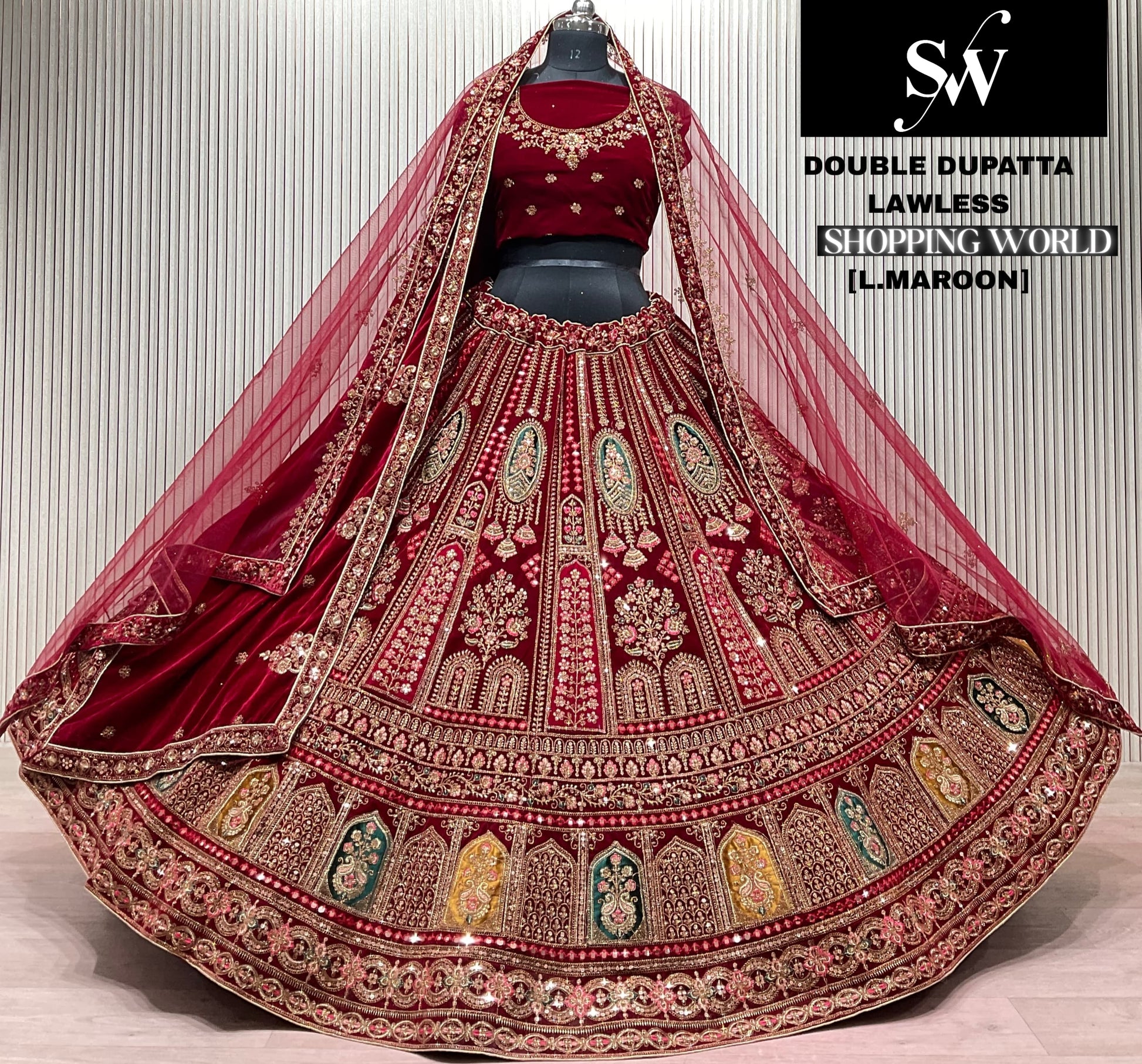 Light Maroon Double Dupatta Bridal Lehenga - Shopping World