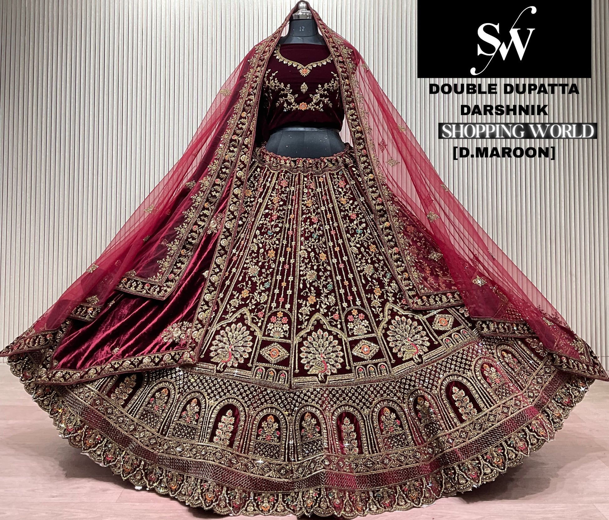 Dark Maroon Peacock Double Dupatta Bridal Lehenga - Shopping World