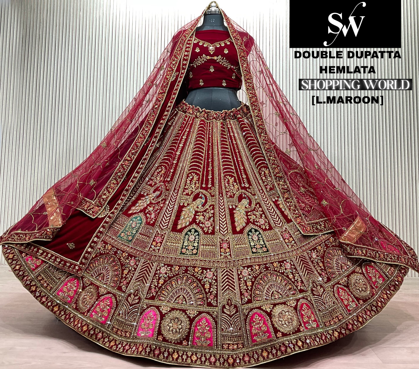 Light Maroon Peacock Double Dupatta Bridal Lehenga - Shopping World